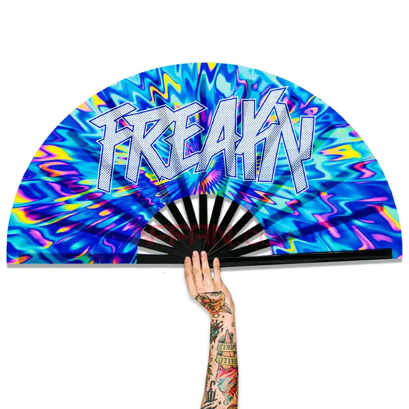 Custom Printed UV Reflective Large Clack Folding Bamboo Rave Decorative Hand Held Fans as Women Festivals Parties Accessories