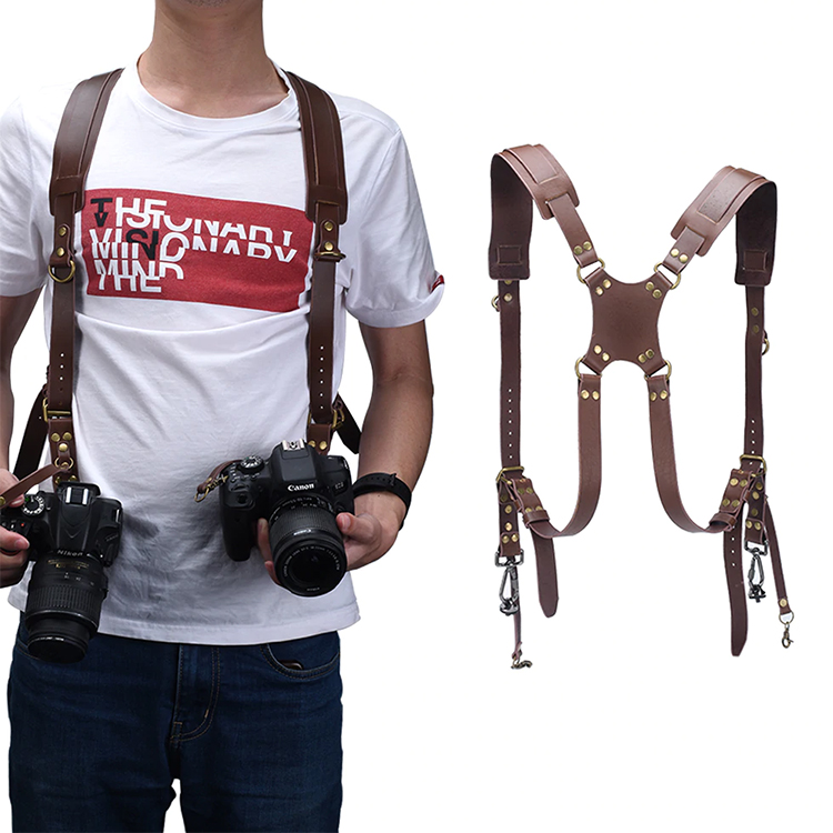 Amazon Hot Sale Custom Adjustable Quick Release Men Dual Shoulder Harness Neck Leather Camera Strap Digital Camera Belt