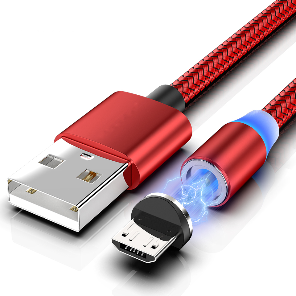 Магнитный USB-кабель для быстрой зарядки, 2 А, Type C, микро-кабель со светодиодной подсветкой, нейлоновая оплетка, магнитное зарядное устройство типа C для Iphone XS, 7, Samsung, 1 м