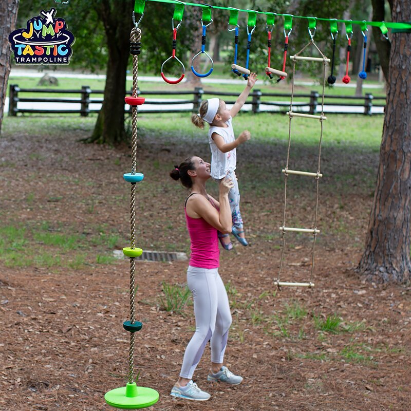 Multi-function Ninja Line with ladder climbing rope and Monkey bar holder and nylon rope knots gymnastics rings
