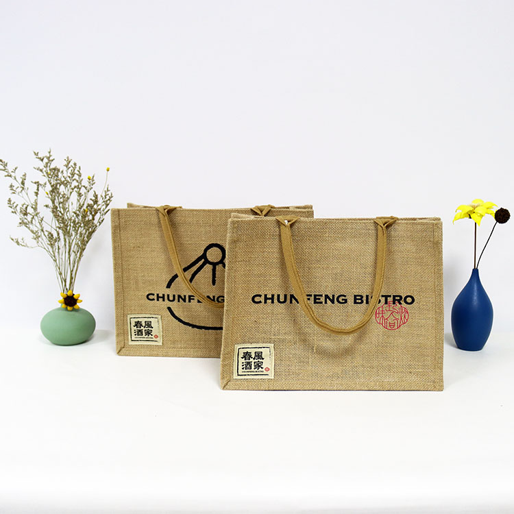OEM Reusable Grocery Shopping Natural Handle Tote Cotton Jute Burlap Bag Gift Wine Bottle Carry Jute Shopping Bag