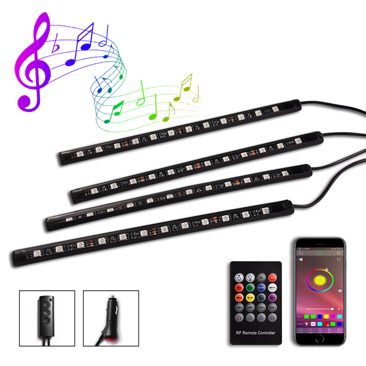 12V 4pcs 48 LEDs 5050 RGB SMD Over 16 Million Colors Music Sync Car Ambiance LED Lights Interior With Phone APP Control