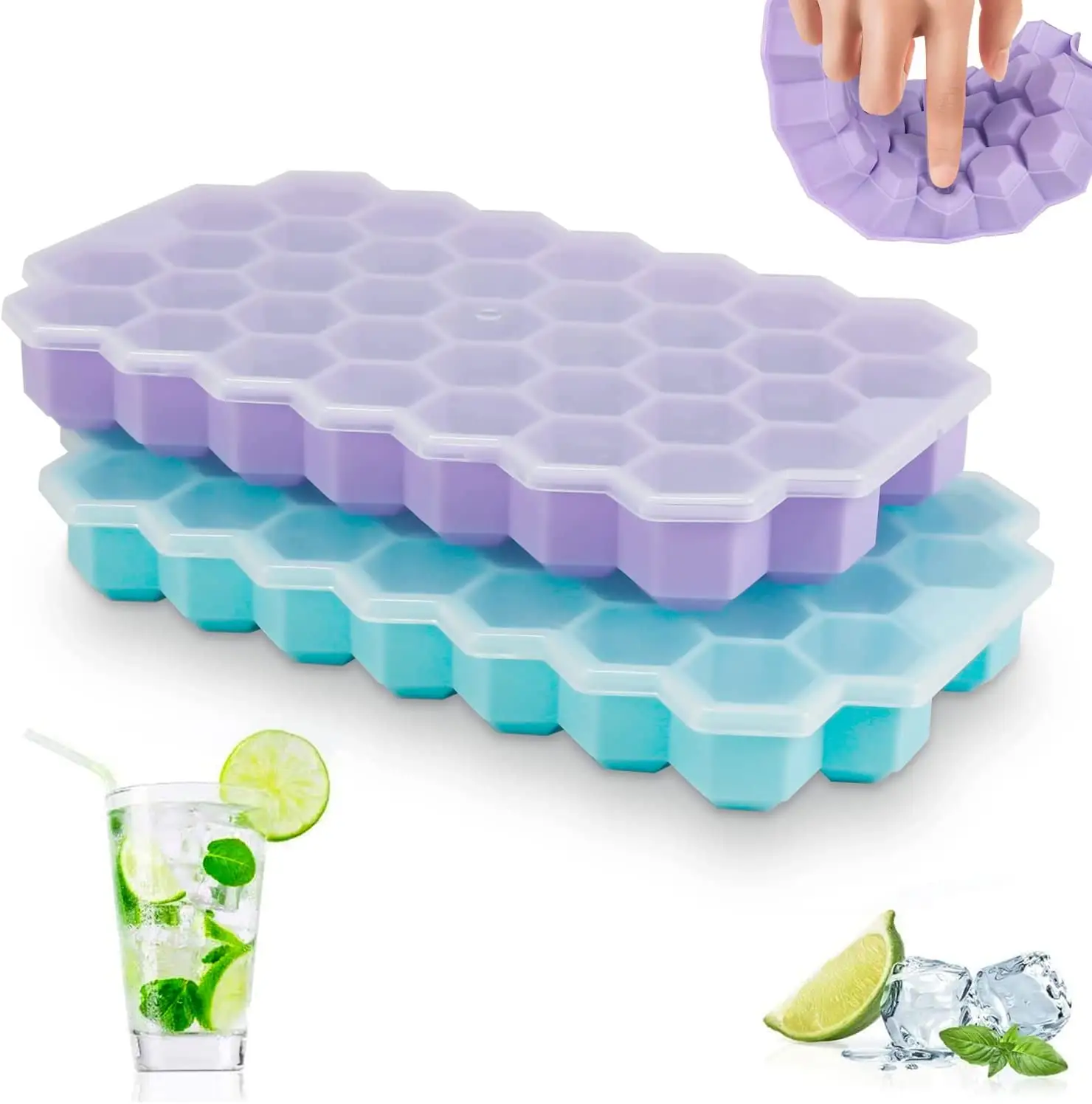 Upgrade Ice Cube Trays Silicone Ice Cube Trays with Lid 37 Cubes Ice Trays for Chilled Drinks Whiskey