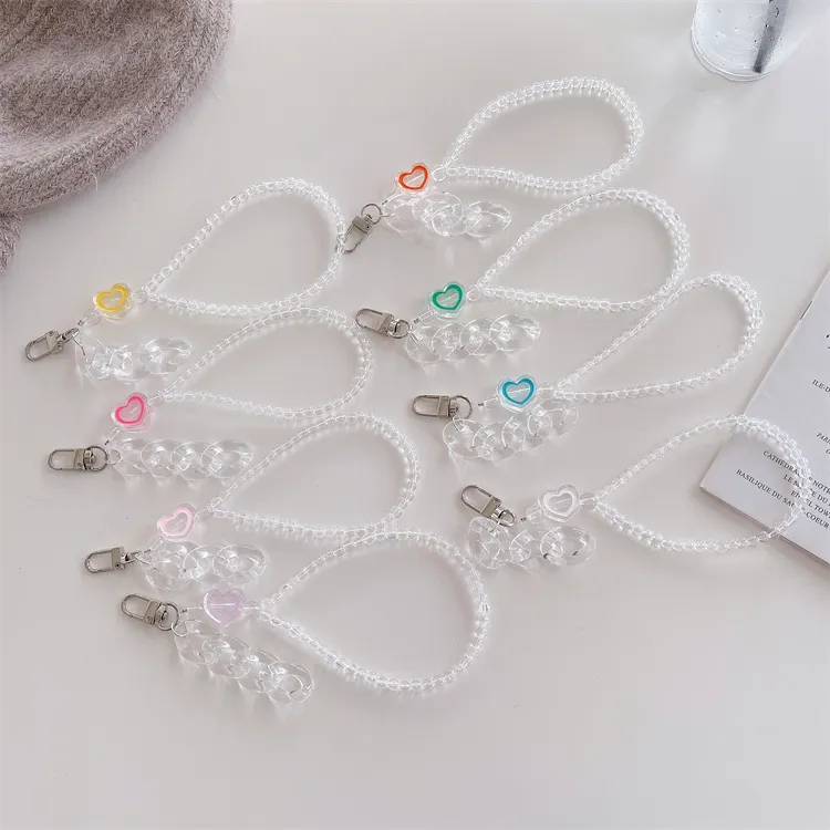 Cute Girl Love Heart Transparent Key Charm Beads Phone Chain , Beaded Charms Keychain Accessories, Mobile Phone Bead Wrist Strap