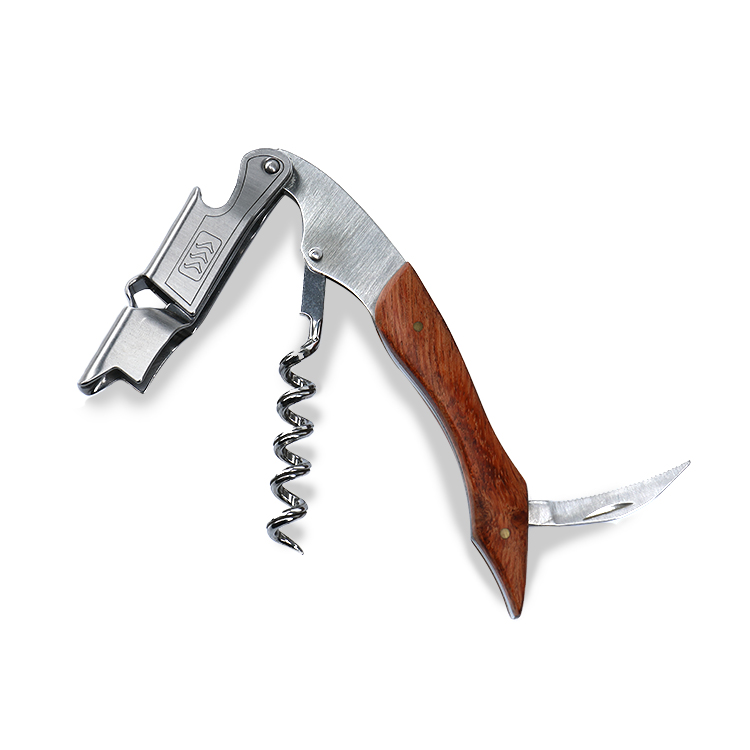 Professional Stainless Steel Wood Handle All-in-one Corkscrew Bottle Opener with Foil Cutter