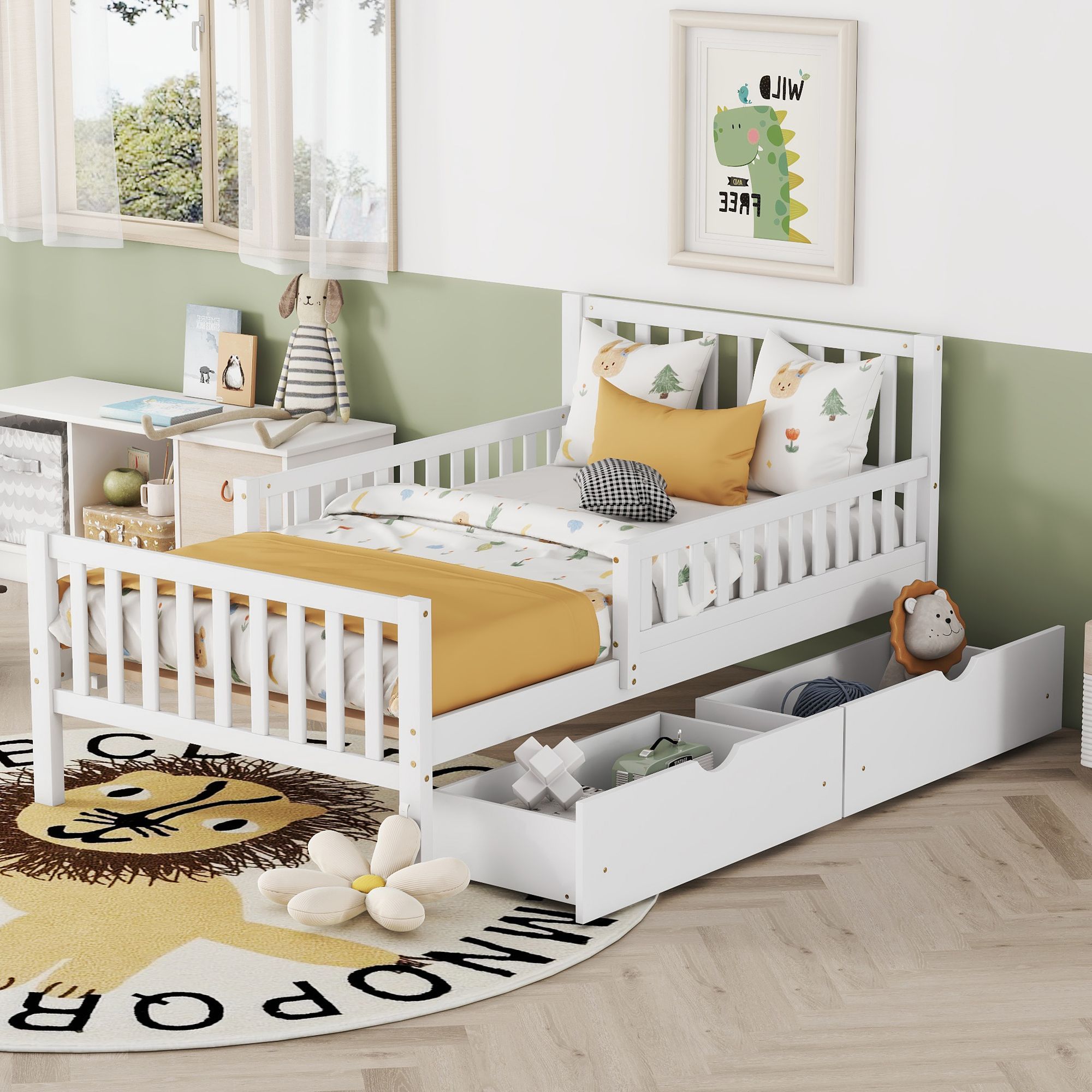 DB Comfortable Twin Size White Wood Platform Bed with Durable Guardrails on Both Sides and Two Dining/Bedroom Storage Drawers