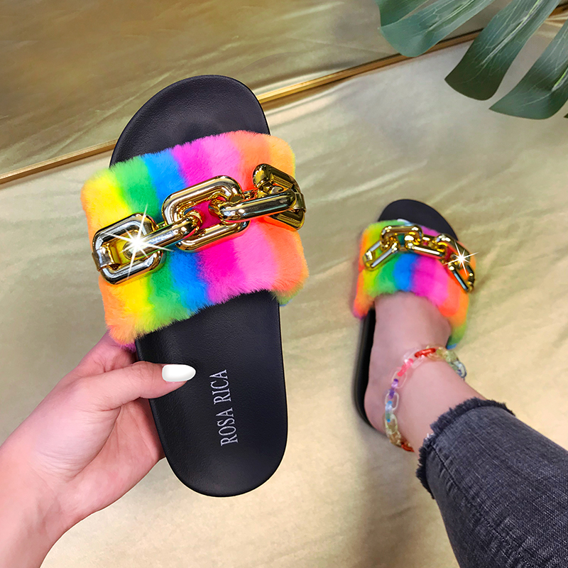 Hot Sale Soft Sandals Designer Fluffy Outdoor EVA Metal Chain Fur Slides Winter Women Slippers