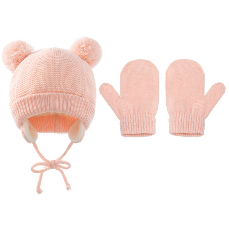 New European and American children braids warm ear protection knitted hat and gloves set