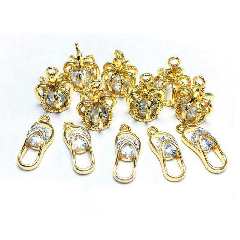 diy jewelry findings handmade crown charms crystal zircon copper slipper flip-flop pendants for jewelry making
