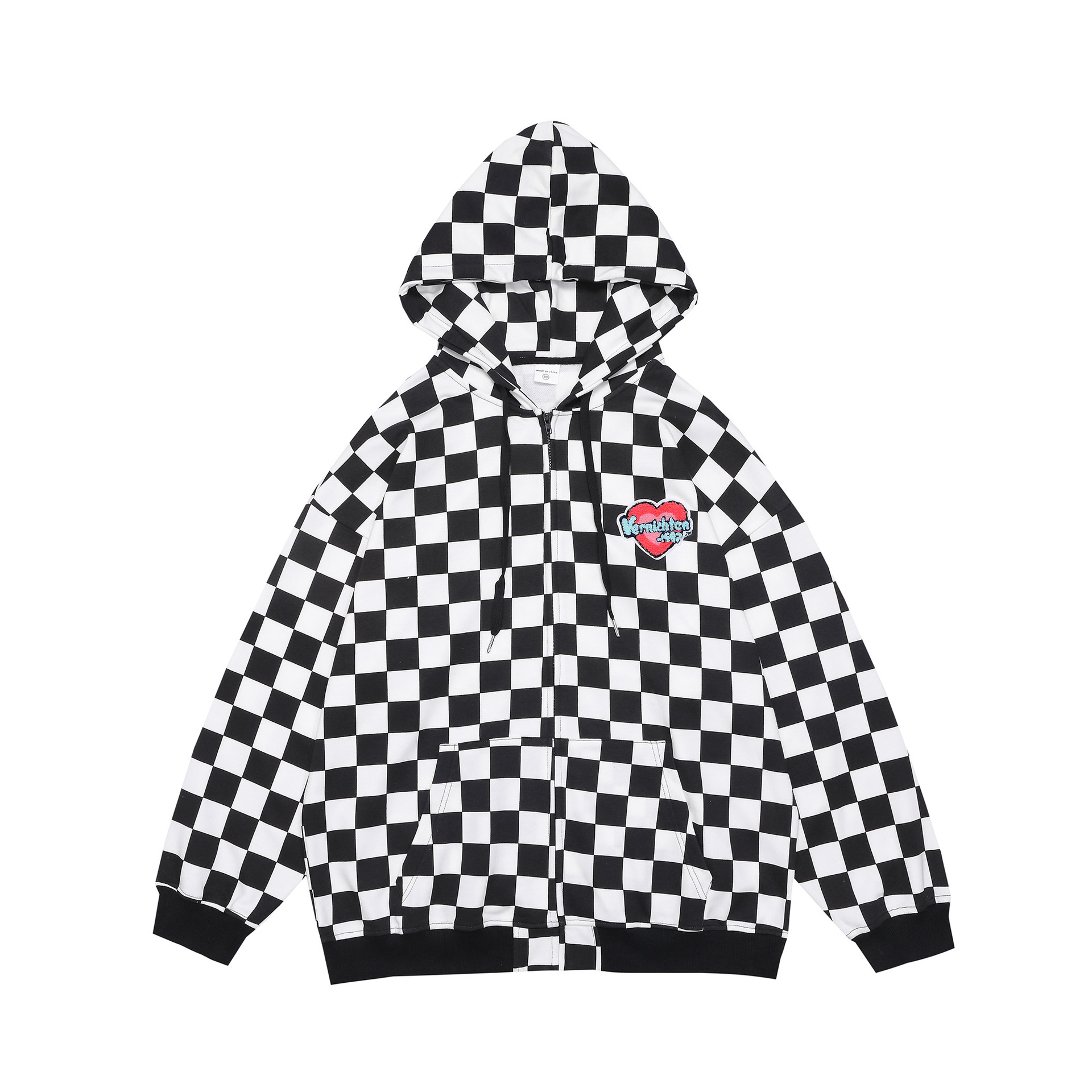Custom High Quality Zipper Up Streetwear Terry Towel Patch Plaid Check Unisex Men Women Jersey Hoodies
