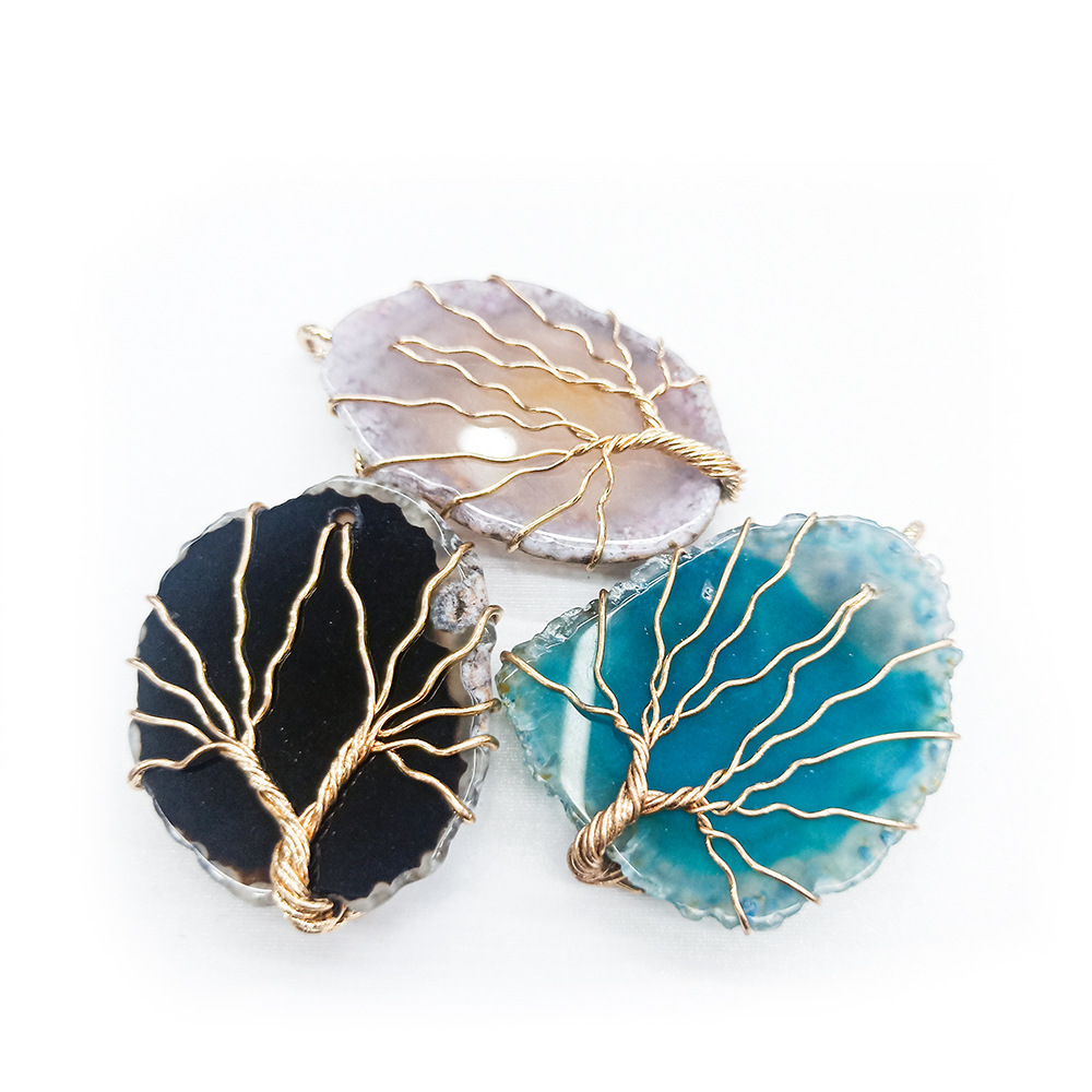 Hongzhuo Tree of Life Wire Wrap Pendant Natural Gemstone Pendant with Copper Design Antique Pendant Necklace Jewelry