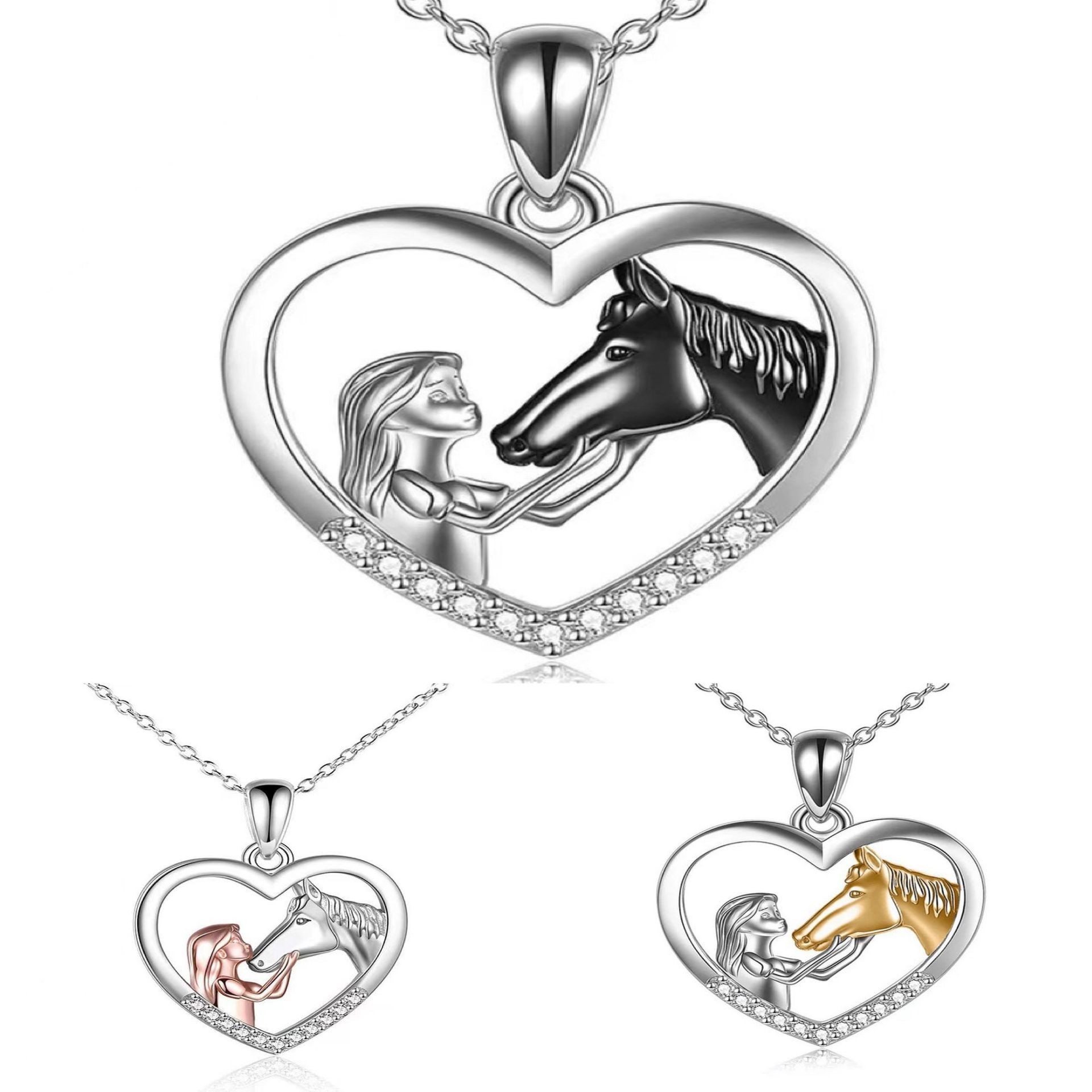 Romantic Diamond Inlay Hollow Love Heart Necklaces S925 Sterling Silver Chain Fairy Tale Girl and Horse Necklaces