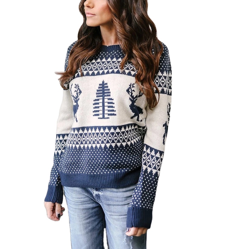 2021 wholesale women knitwear long sleeve contrast color Christmas styles autumn winter over size Ladies knitted sweater