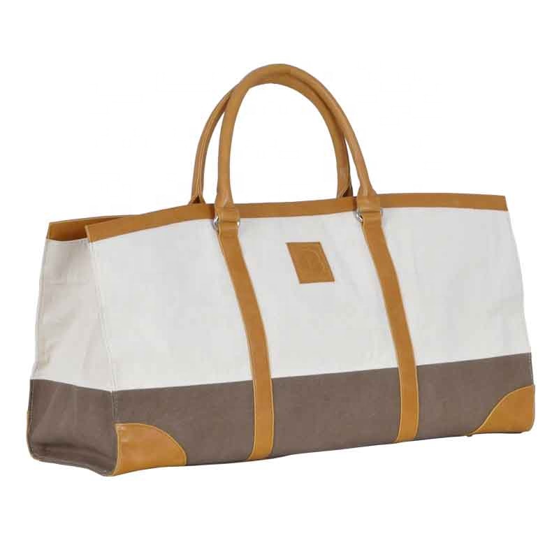 canvas travel boat tote with light brown PU accent customized logo and material color