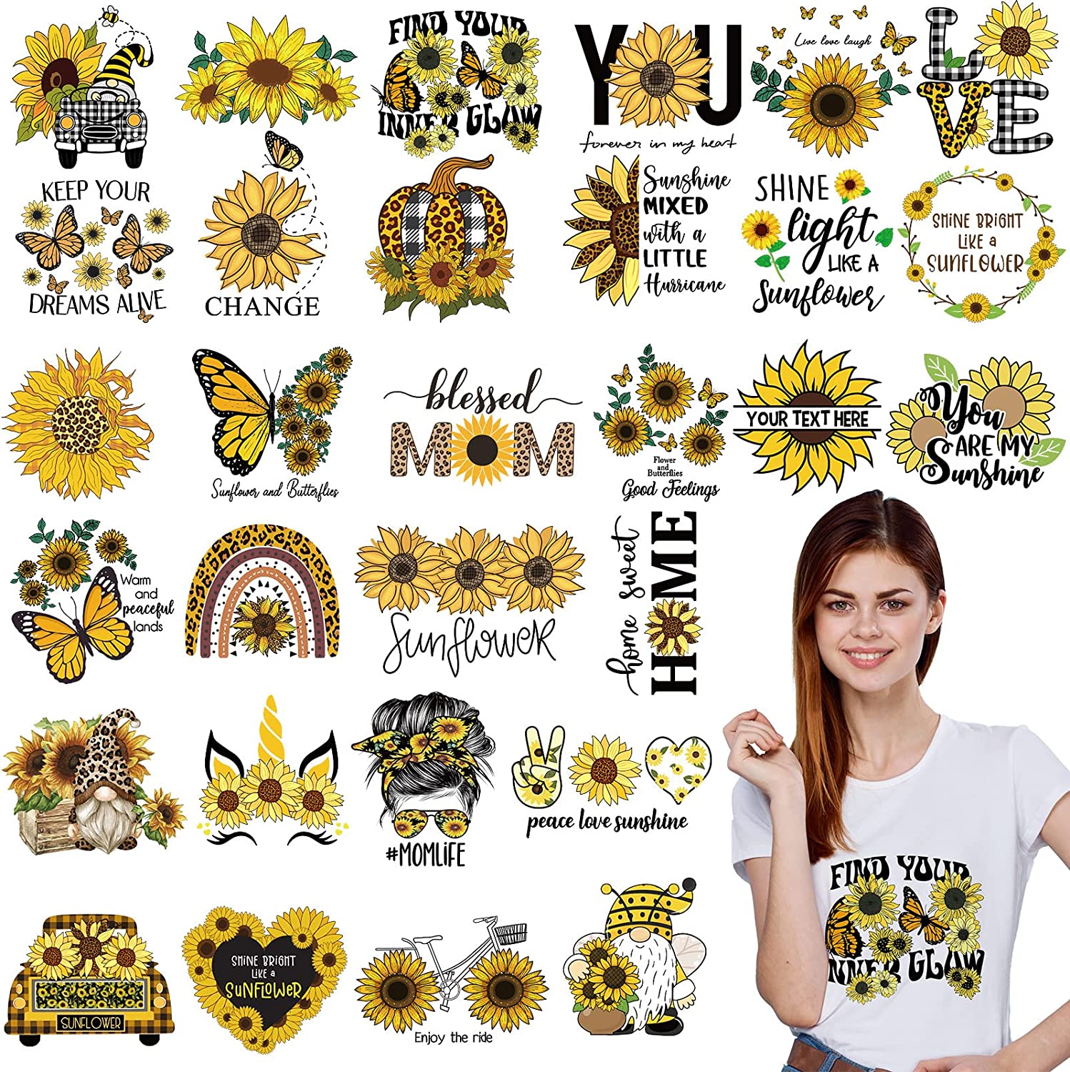Sunflower Iron on DTF Transfers Cute Patches Decals Flower Appliques flowers Iron on Transfers for T Shirts bags swimming suit