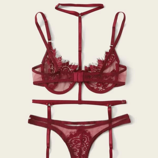 Custom Women Lingerie Sexy Underwear Erotic Open Back Contrast Lace Sheer Mesh Underwire 4 Piece Lingerie Set Bralette Set