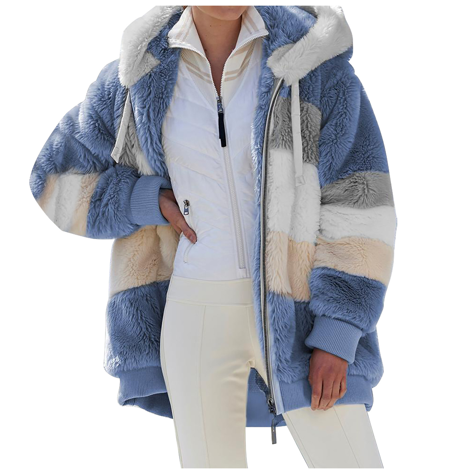 2021 Hot Sale Women Fall/Winter Zipper Long Sleeve Fleece Plush Jacket Hooded Woolen Coat Ladies Coat