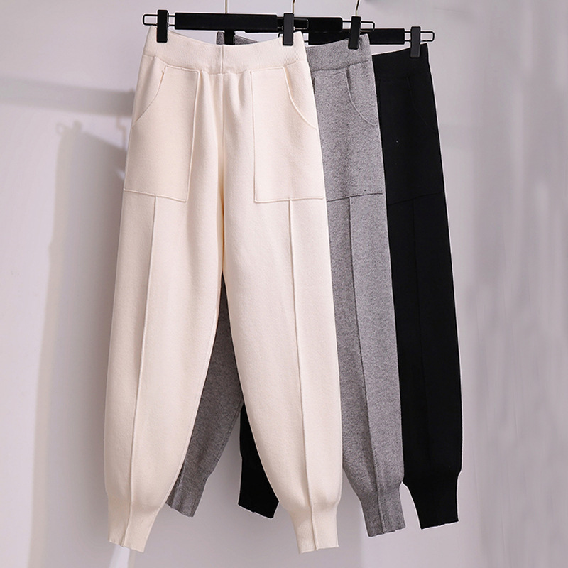 classy trendy female pocket knitted pants outdoor slim utility sports jogger pants