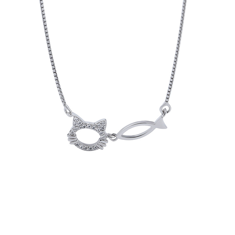 Funny 925 Sterling Silver Hollow Micro Zircon Cat and Fish Connected Pendant Necklace Gift
