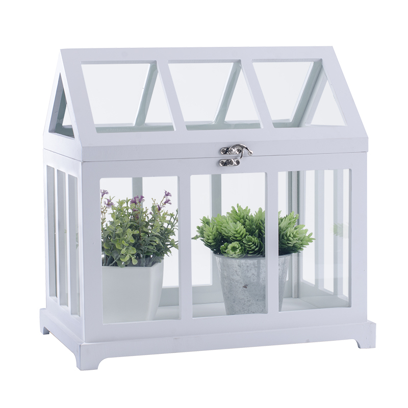 French style garden balcony and indoor decor plant mini wooden glass greenhouse set 2
