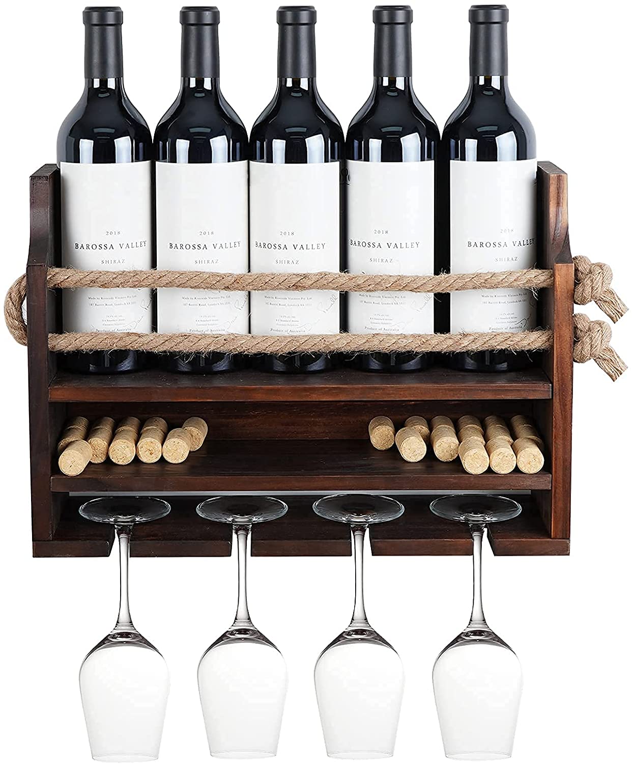 Rustic Wooded Wall Mounted Wine Rack Bottle Holder with Hanging Stemware Glasses Set & Wine Cork Storage Come with 5 Bottle