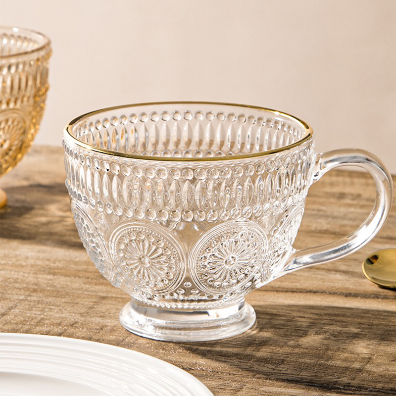 Luxury Ins Style Hot Selling Flower Pattern Gift Glass Cup Mug With Gold Rim