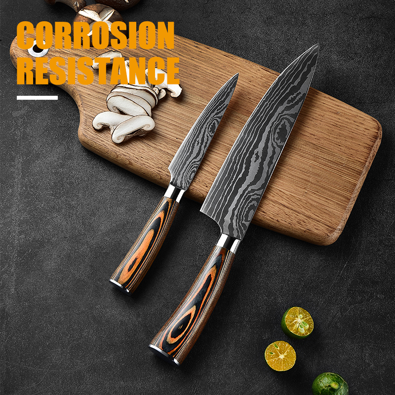 Laser Damascus Pattern Damascus Chef Knife Kitchen Kitchen Knives Set With Pakka Wood Handle Butcher Knife