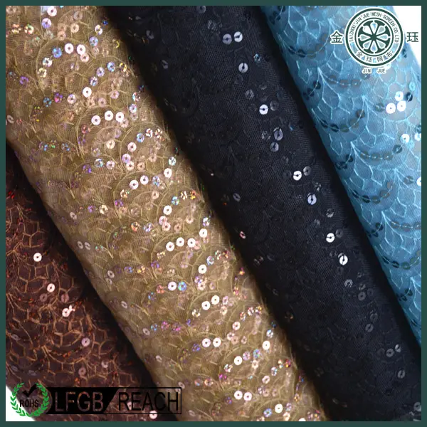 Sequin Crystal 100% Polyester Net Hard Fish Scale Sequin Mesh Fabric For Wedding Dress