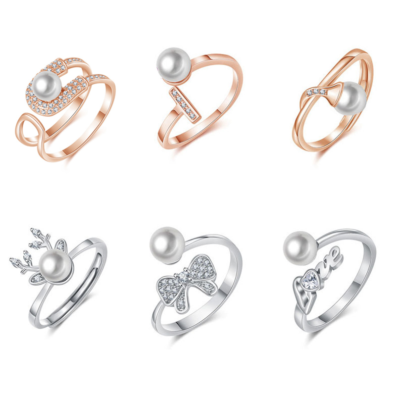 Dainty Elegant Rose Gold Plated Inlay Zircon Knot Bow Love Pearl Opening Rings Jewelry Women