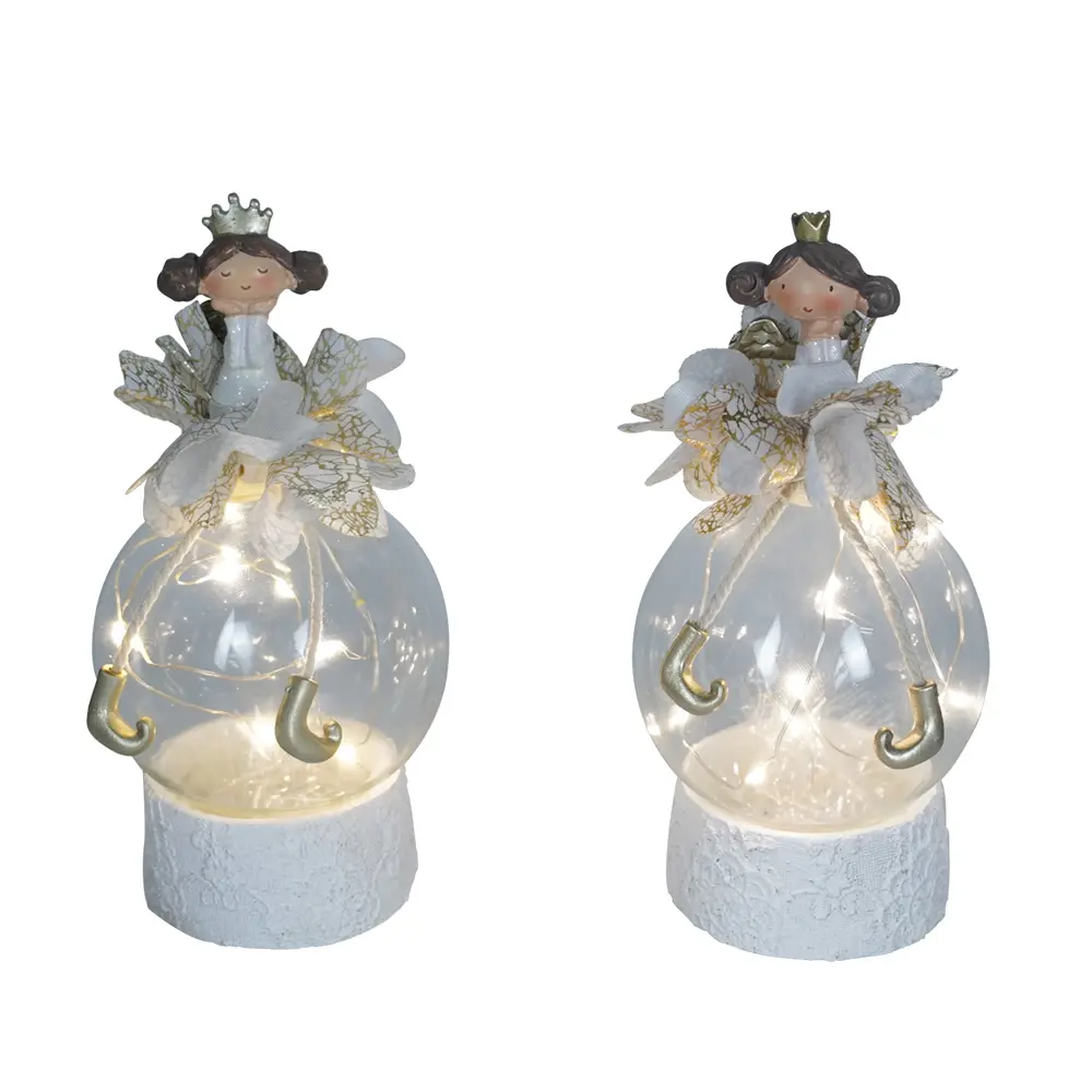 Wholesale Custom Polyresin set of 2 Little Angel Statue sitting on Glass Ball with LED Light