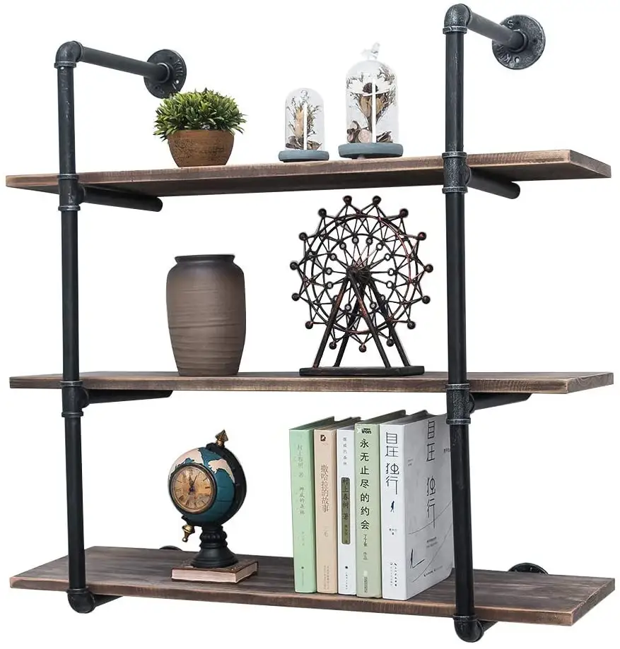 Industrial Pipe Shelving Wall Mounted, 36inch Rustic Metal Floating Shelves,Steampunk Real Wood Book Shelves