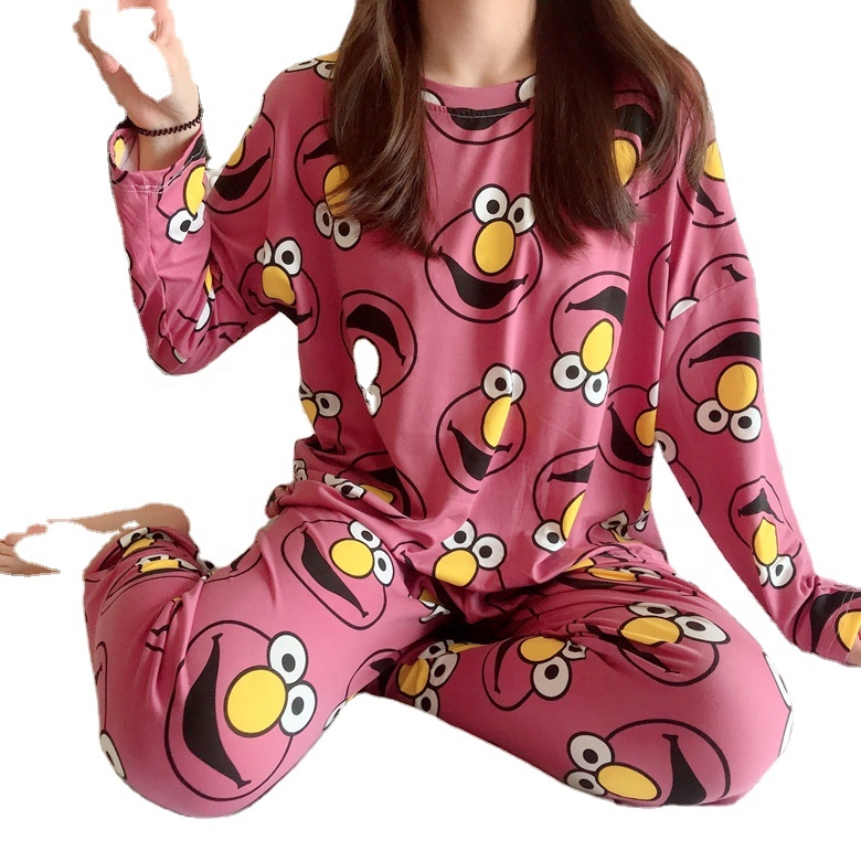 Cheap Pajamas Women's Autumn Long Sleeve Pants 2Pcs Sets Thin Milk Silk Soft Sleepwear O-neck Cute Cartoons Loungewear Home Wear