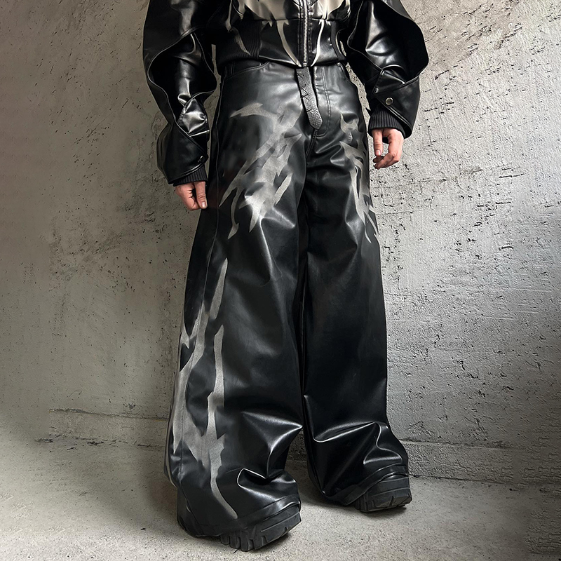 YSJY High Waisted Casual Pants Baggy Stretchy Wide Leg Y2K Black Pu Leather Pants Men