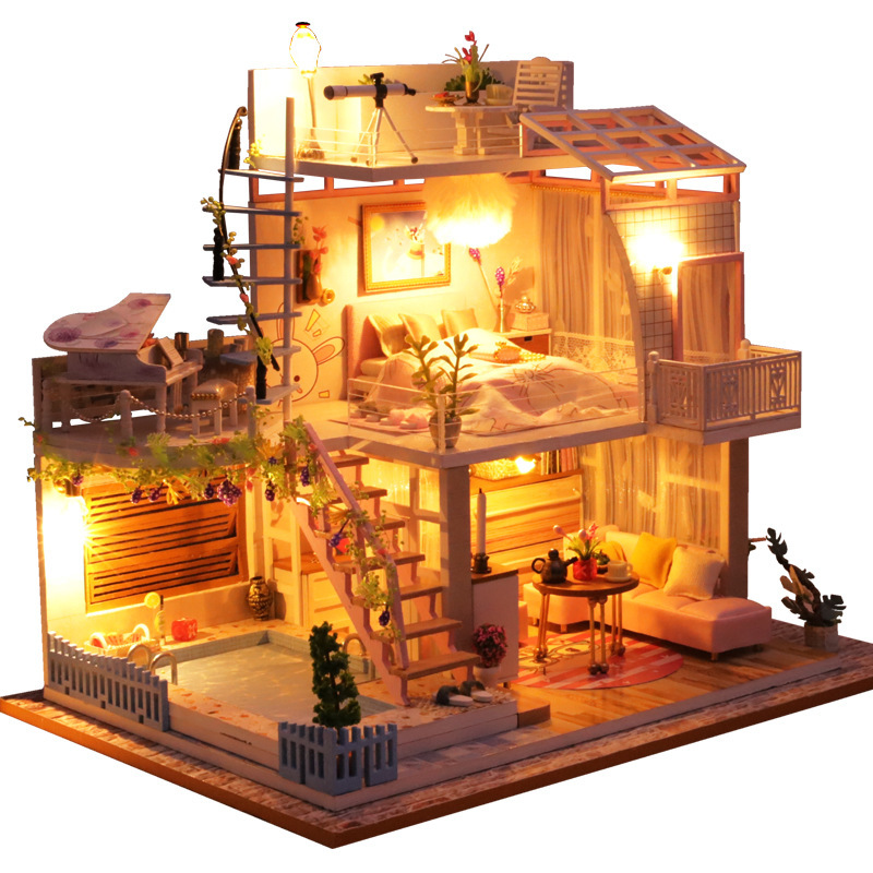 Миниатюрный домик для кукол 3d Diy из розового дерева, деревянный миниатюрный домик «сделай сам», игрушки для дома со светодиодной подсветкой