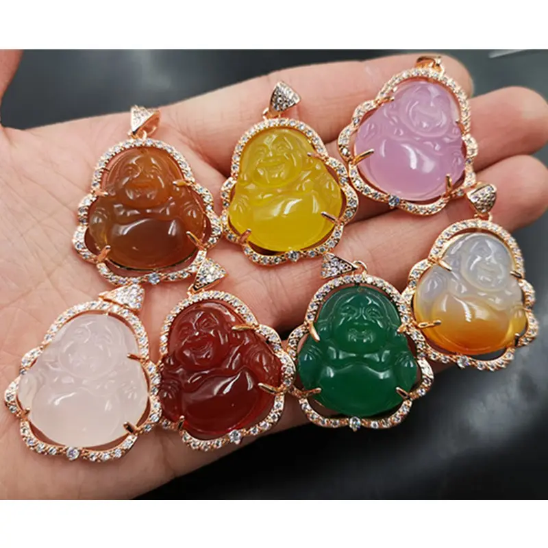 Wholesale Cheap Jewelry Copper Silver Plated Agate Pendant Necklace Buddha Laughing Buddha Pendant