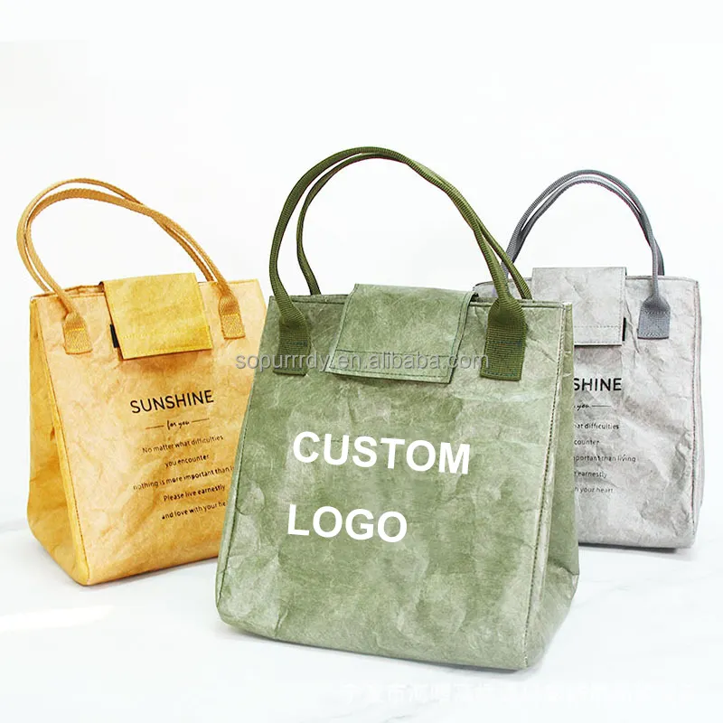 Fashion Custom Logo Food Waterproof Picnic Insulated Cooler Kraft Travel Insulated Paper Tyvek Lunch Bag For Kids Ladies Adults
