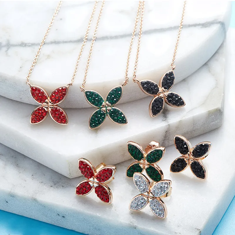 Fashion simple crystal clavicle chain Clover Necklace Earring Set