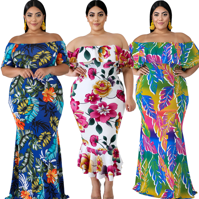 New Arrival Spring Fall Women Clothing Plus Size Dresses Floral Layered Ruffle Off Shoulder Dress For Fat
