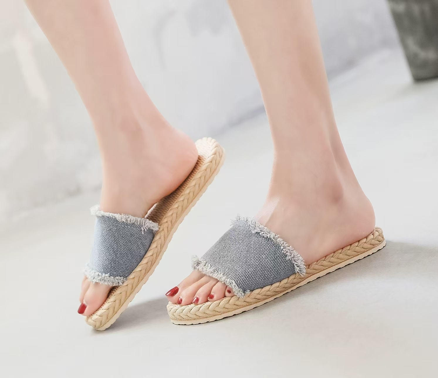 Hot Sale Soft Open Toe Summer Women Blue Flat Wedge Slippers Cowboy Cloth Flip-Flops