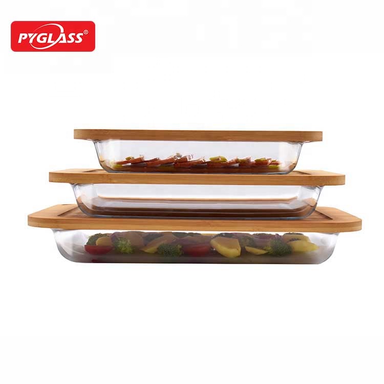 3 Set glass bakeware set bamboo lid glass baking dish