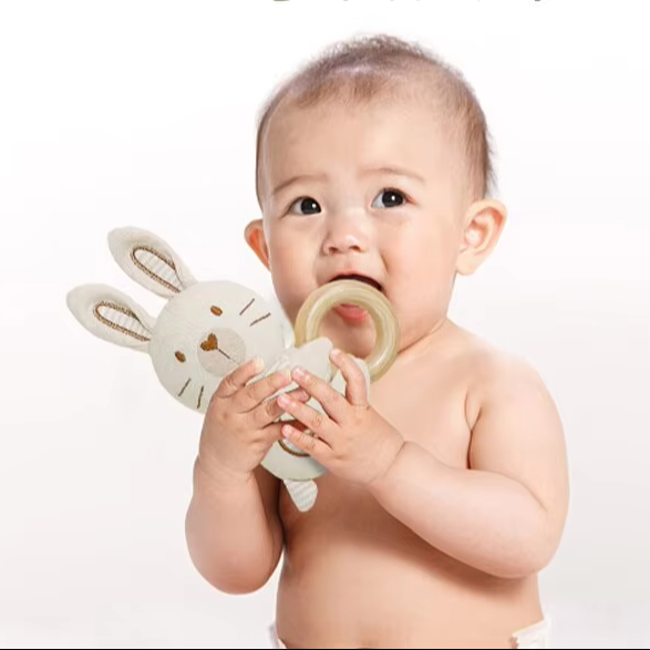 Handmade 100% Organic Cotton Baby Teethers Amigurumi Animal Rattle NewbornShower Gift Classic Wooden Ring Toy