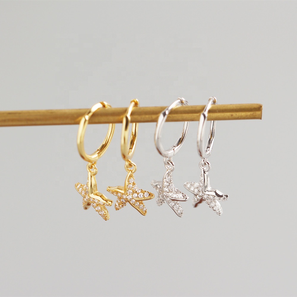 2021 Trendy women fashion jewelry 925 sterling silver hoop earrings luxury exquisite shiny zircon starfish drop dangle earring