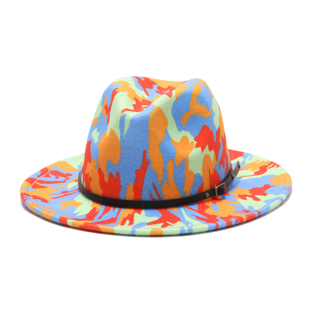 Tie Dye Fedora Hats Women Wholesale Wide Brim Graffiti Felt Fedora Jazz Hats with Rivet accessories