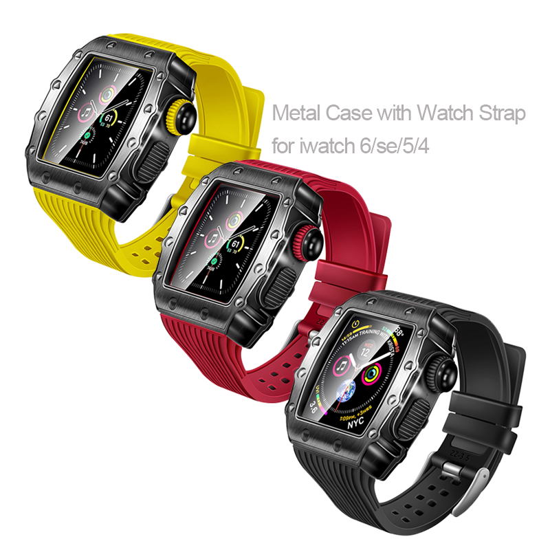 Металлический корпус для часов QIMAN из нержавеющей стали для iWatch 7/6/se/5/4 45 мм, резиновый ремешок для часов с металлическим корпусом для Apple Watch, металлический чехол