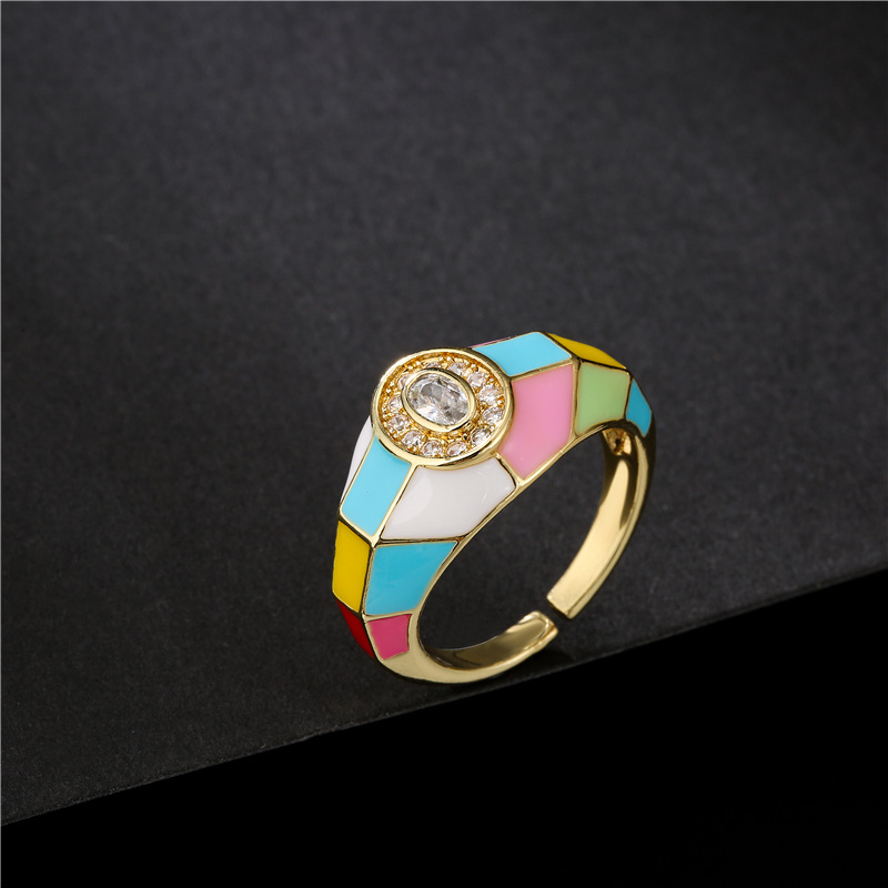 European Style Rainbow Color Oil Drip Zircon Rhinestone Rings Open 18K Gold Plated Copper Enamel Crystal Rings