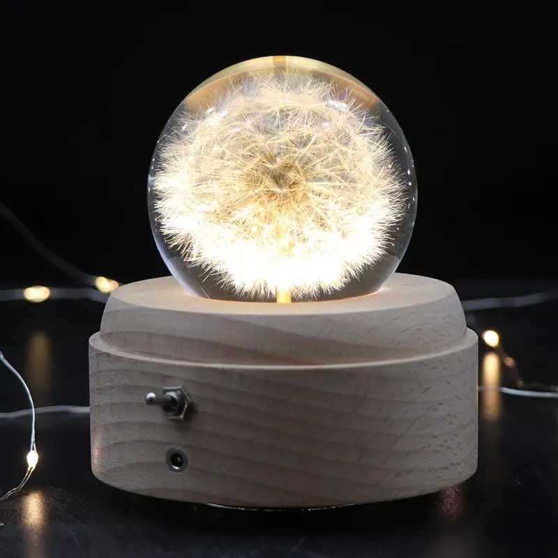 2021 Christmas Gift Dandelion 3D Crystal Ball Night Light Battery Wood Base Led Mood Lamp With Music Box