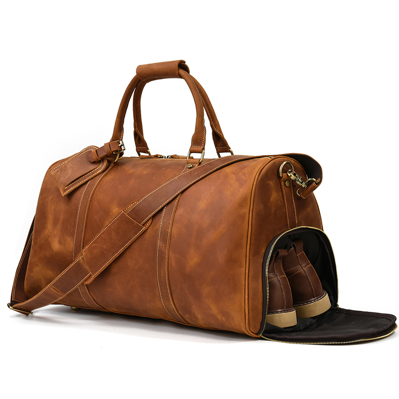 Luufan New Arrival Men Travel Bag Brown Large Capacity Weekender Bag Crazy Horse Leather Duffle Bag With Shoe Compartment