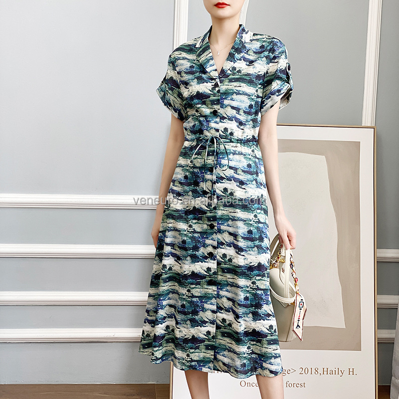 Women Cotton printed dress summer waist pull rope long A-word skirt short sleeve temperament dress