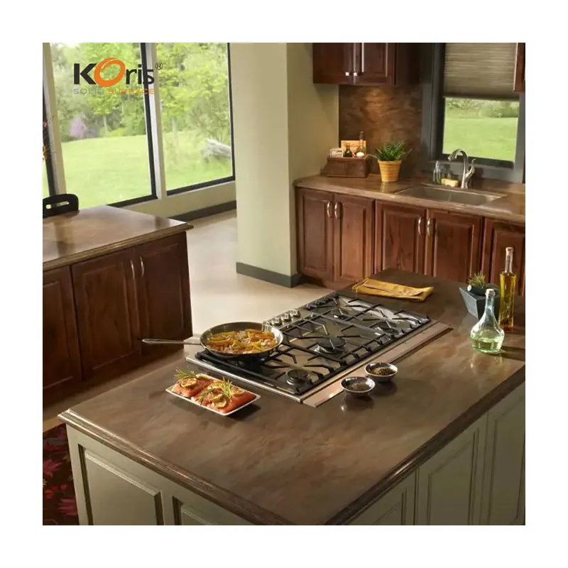 Koris wholesale artificial stone big slab travertine style acrylic solid surface kitchen countertops