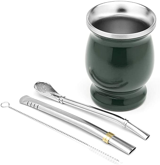 Amazon Product Factory Direct 8oz Stainless Steel Yerba Mate Cup and Bombilla Set with Bombilla Straw Gift Box